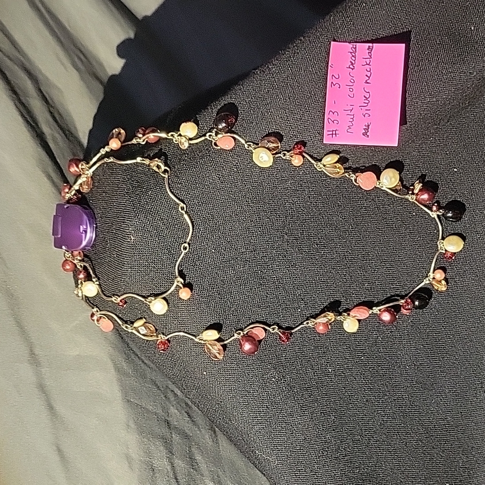 32" silver multi color beaded necklace